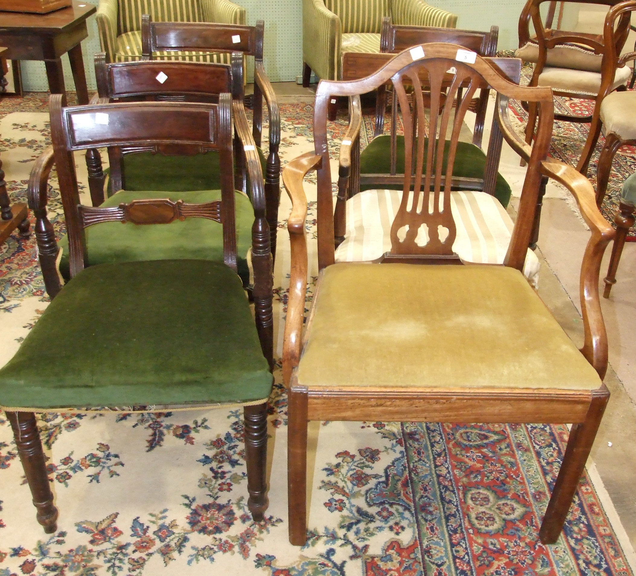 A Hepplewhite-style 19th century mahogany carver chair, a set of four Georgian mahogany dining - Image 2 of 3