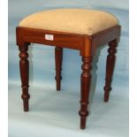 A mahogany square upholstered-seat stool, on turned legs, 37cm square, 48cm high.