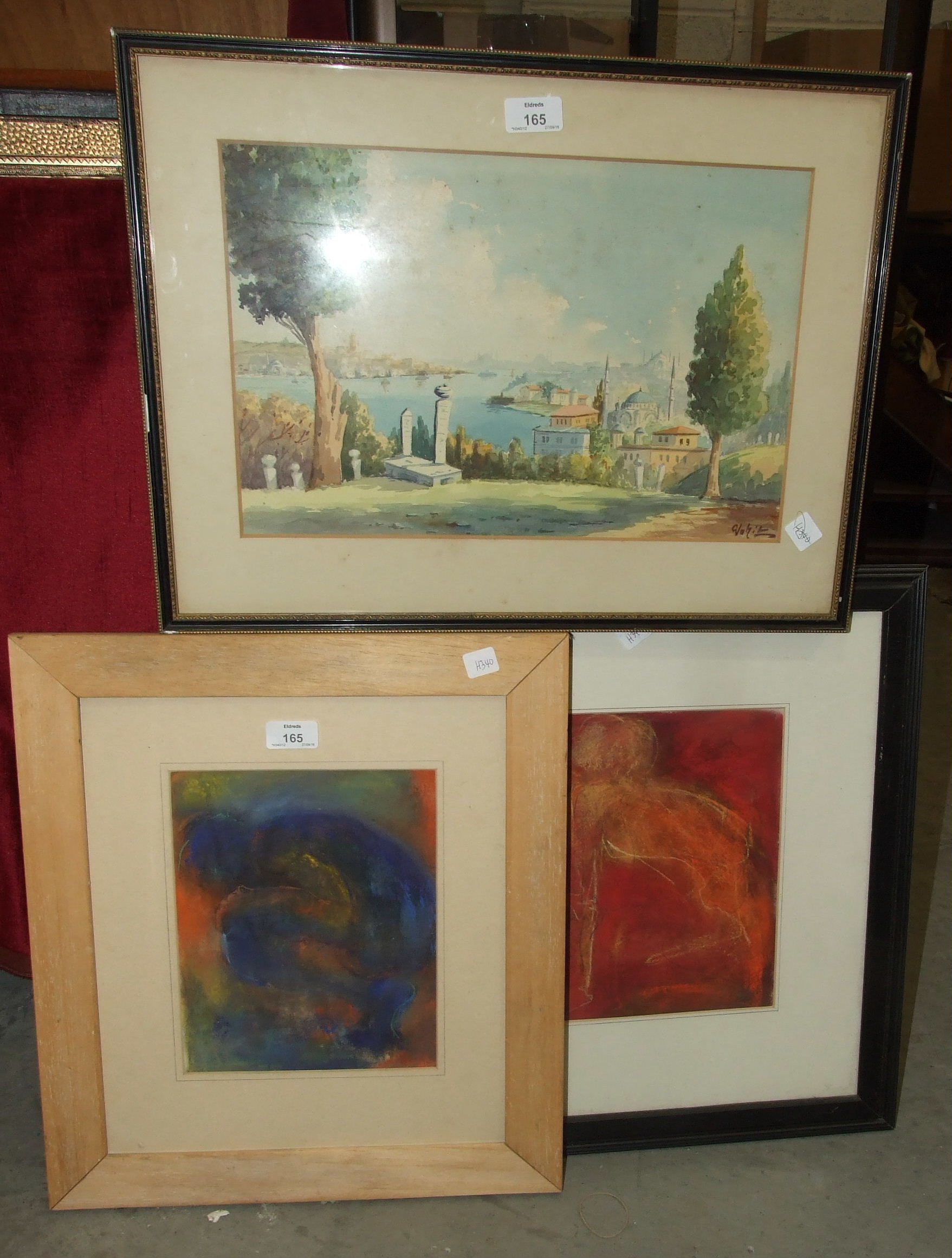 Two unsigned abstract pencil and pastel pictures and other pictures and prints.