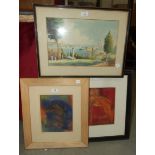 Two unsigned abstract pencil and pastel pictures and other pictures and prints.