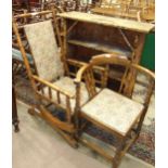 A stained wood American-style rocking chair with turned wood supports, a stained wood corner chair