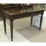 A 19th century mahogany rectangular-top table fitted with two drawers, on turned legs, 121cm wide.