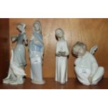 Four Lladro figures: 'Young girl holding a chamber stick', 19cm high, 'Young girl feeding a