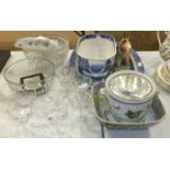 Two large cut glass bowls, a willow pattern ceramic carving dish, a Masons Patent Ironstone