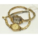 Two 9ct-gold-cased wrist watches on plated bracelets, (both a/f), (2).