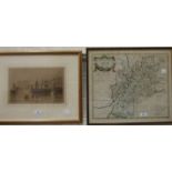 After Robert Morden, 'Gloucestershire', a framed map, 38 x 44.5cm and a coloured etching after Henry