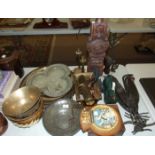 Various metalware, warming pan, ceramic lamp and miscellaneous items.