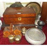 A mahogany writing box, 40cm, (a/f), a Widdicombe Fair print, various metalware and miscellaneous