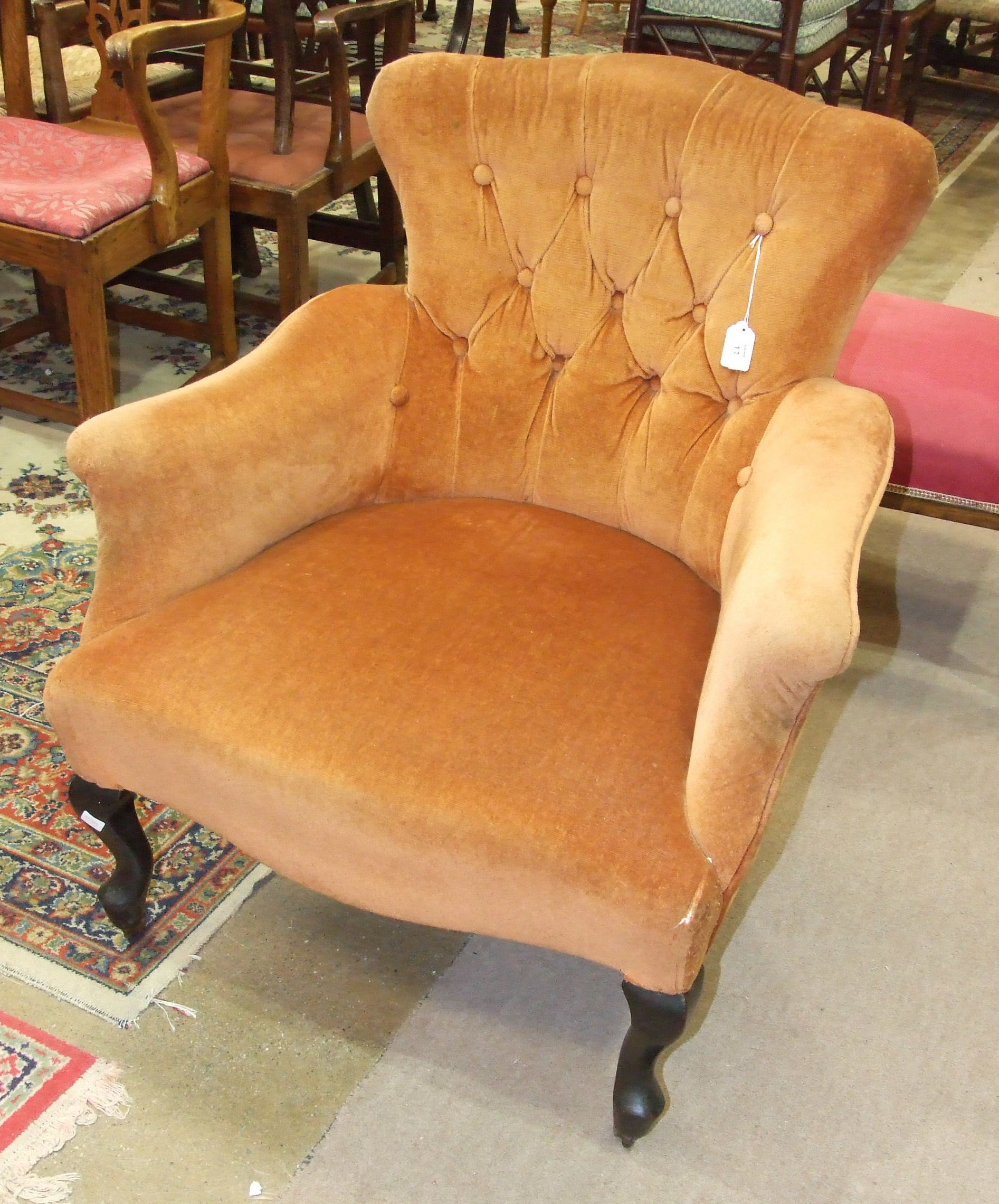 A Victorian button-back salon chair on scroll cabriole legs and a duet stool, (2).