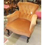 A Victorian button-back salon chair on scroll cabriole legs and a duet stool, (2).