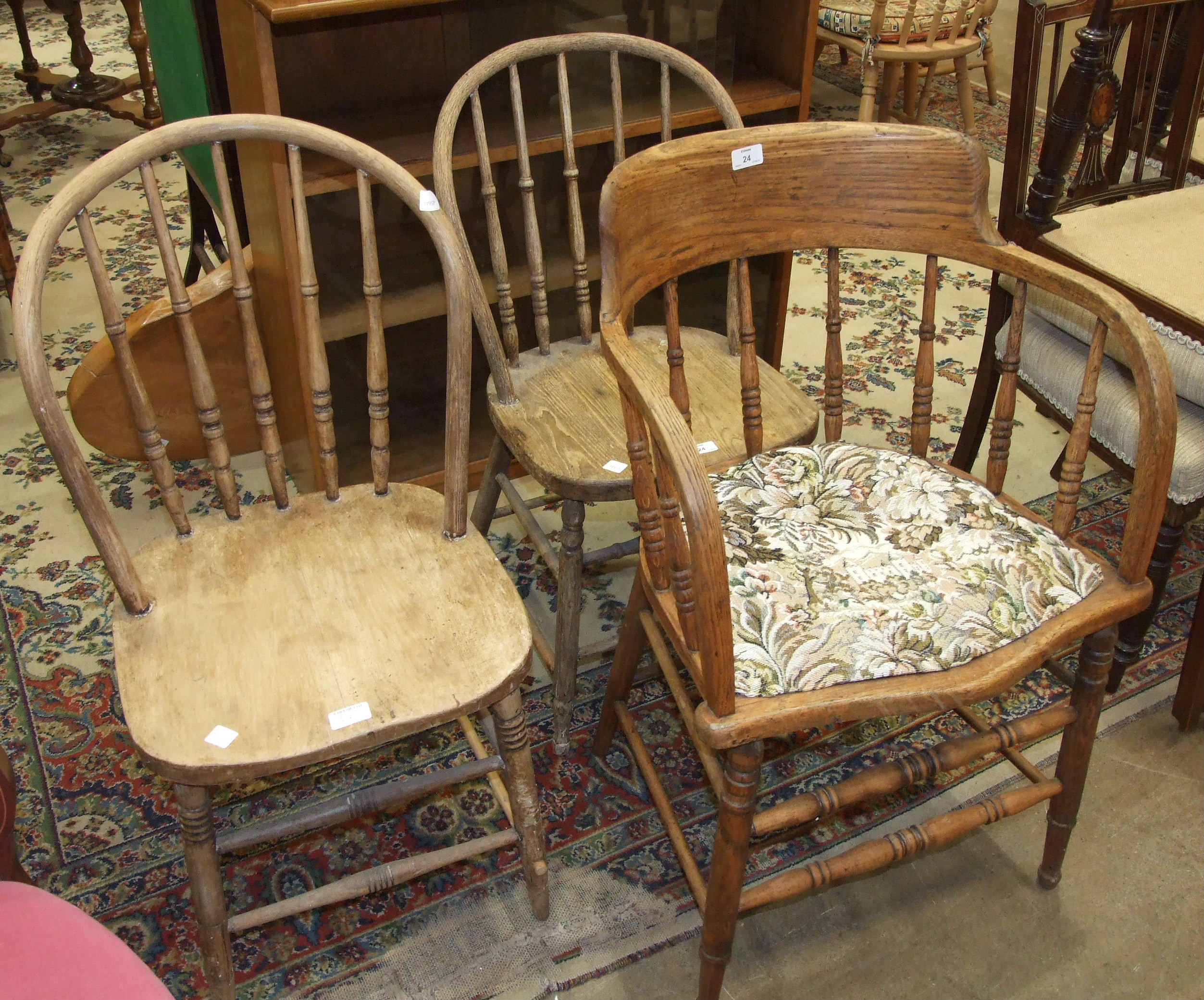 Three Late-Victorian stick-back kitchen chairs, (3).