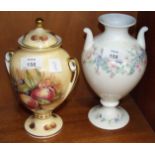 A modern Aynsley two-handled vase and cover decorated with fruit, signed 'D Jones', 23cm high and