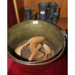 A large brass jam pan, four French pewter measures and other items.