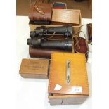 A pair of Barr & Stroud military binoculars in case, a small travelling microscope, various