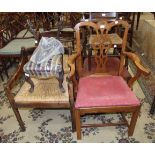 Three Georgian-style carver chairs with drop-in seat, two rush-seated chairs and other chairs.