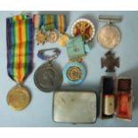 A WWI Victory medal awarded to 228535 Spr P J Pedlar RE, a group of three WWI miniatures, an