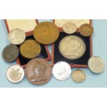 A collection of various medallions, including Queen Victoria 1837-1897 silver, cased and similar