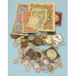 A Franz Joseph Austria 1865 1-Vereinsthaler and a collection of other coinage and notes.