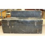 A Japanned tin uniform trunk and a wooden packing case, (2).