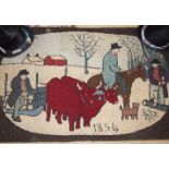 A rag rug depicting oxen and figures in a snowy landscape and dated 1854, and two top hats.