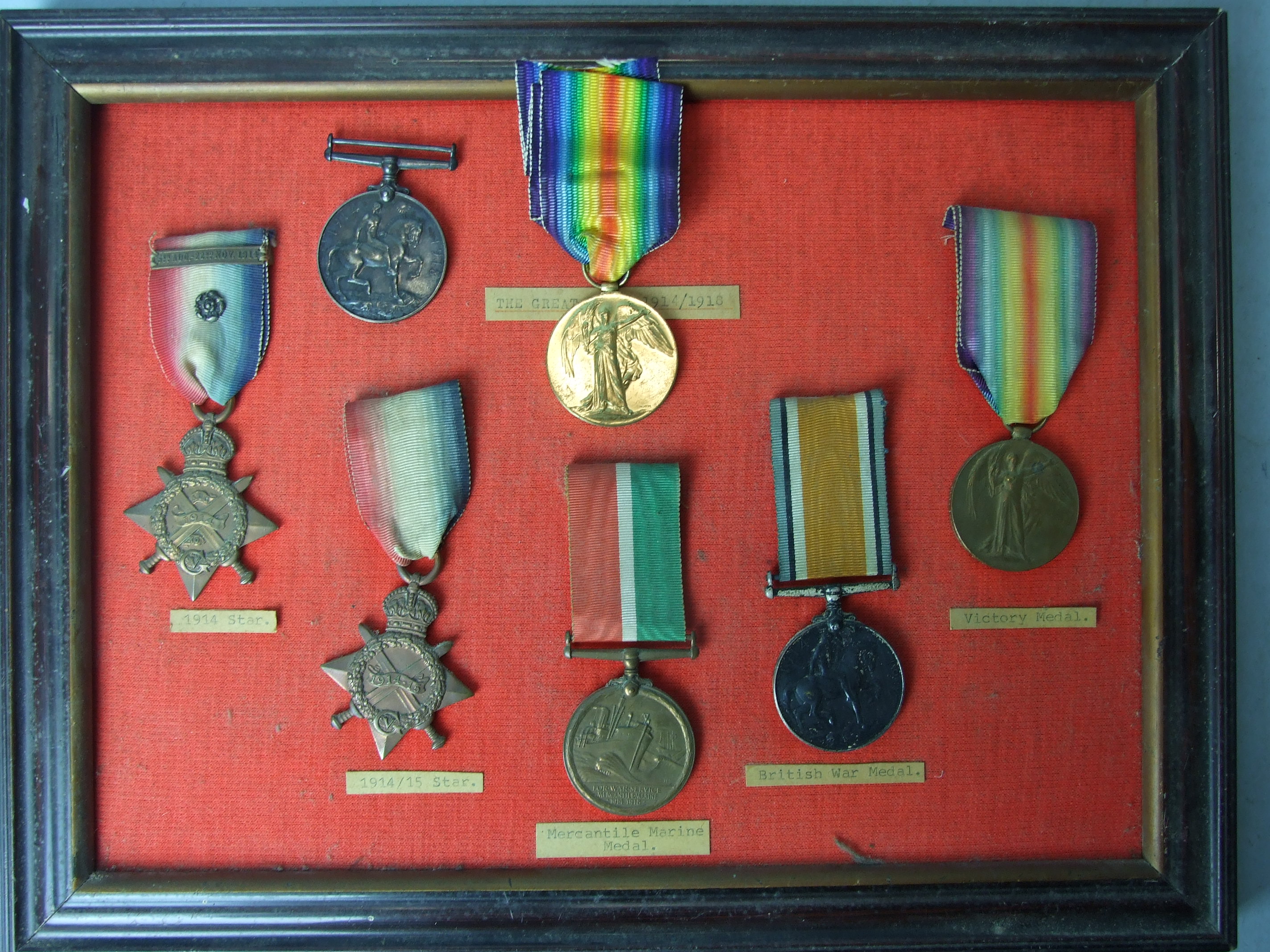 A collection of WWI medals: 1914 Star with 5th Aug-22nd Nov clasp, 1914-15 Star, Mercantile Marine