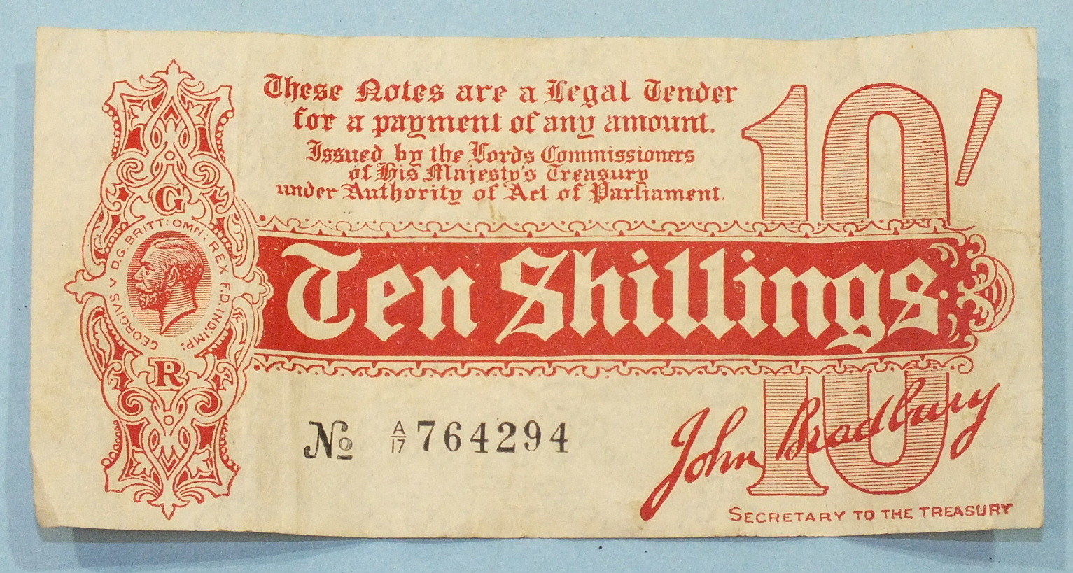 A George V 10-shilling note, first (emergency) Bradbury issue (August 1914), No. (with dash) A