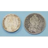 A William III 1696 Crown and a George II 1746 Half-Crown, (soldered brooch fittings), (2).