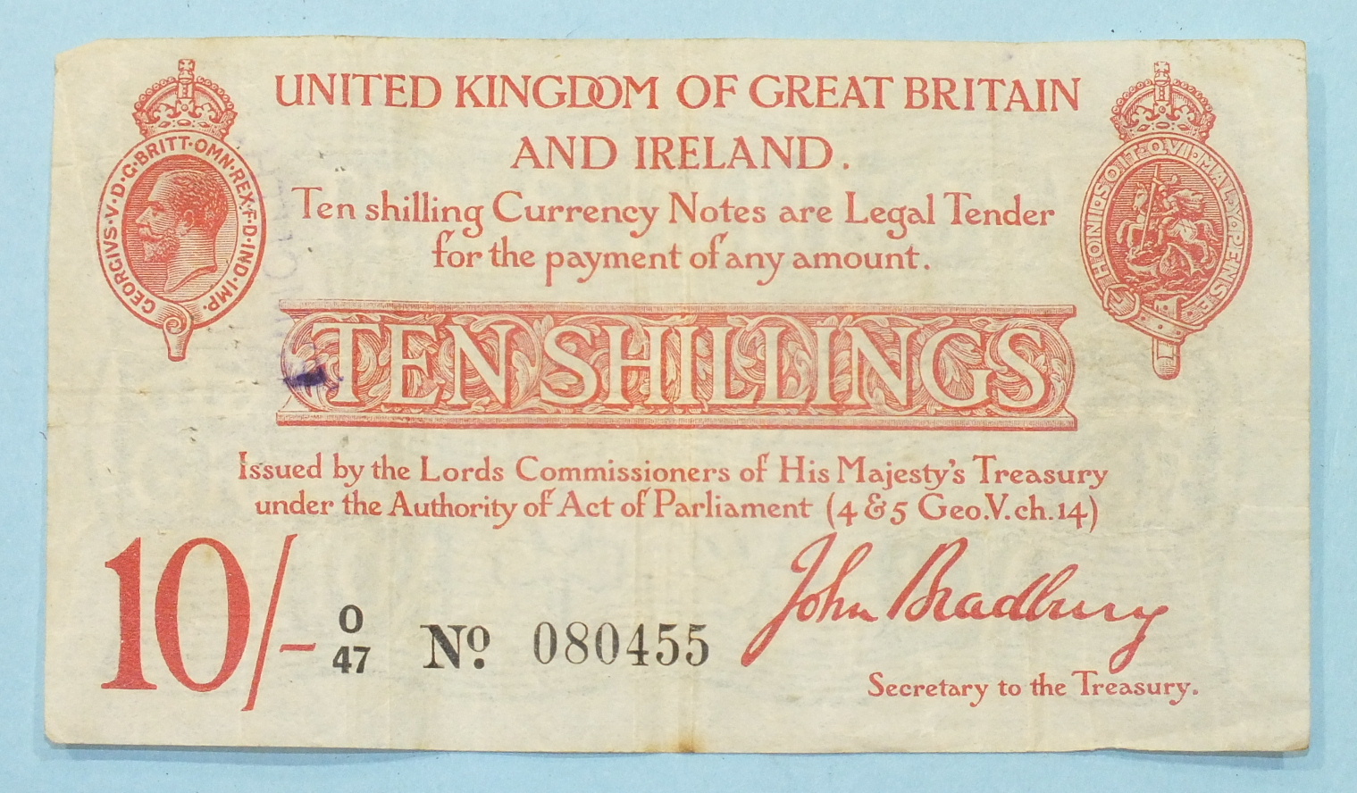 A George V 10-shilling note, second (emergency) Bradbury issue, (January 1915), prefix 0 over 47,