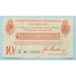 A George V 10-shilling note, second (emergency) Bradbury issue, (January 1915), prefix 0 over 47,