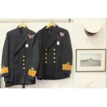 Two Naval dress uniforms and a cap, together with a collection of photos of Naval ships.