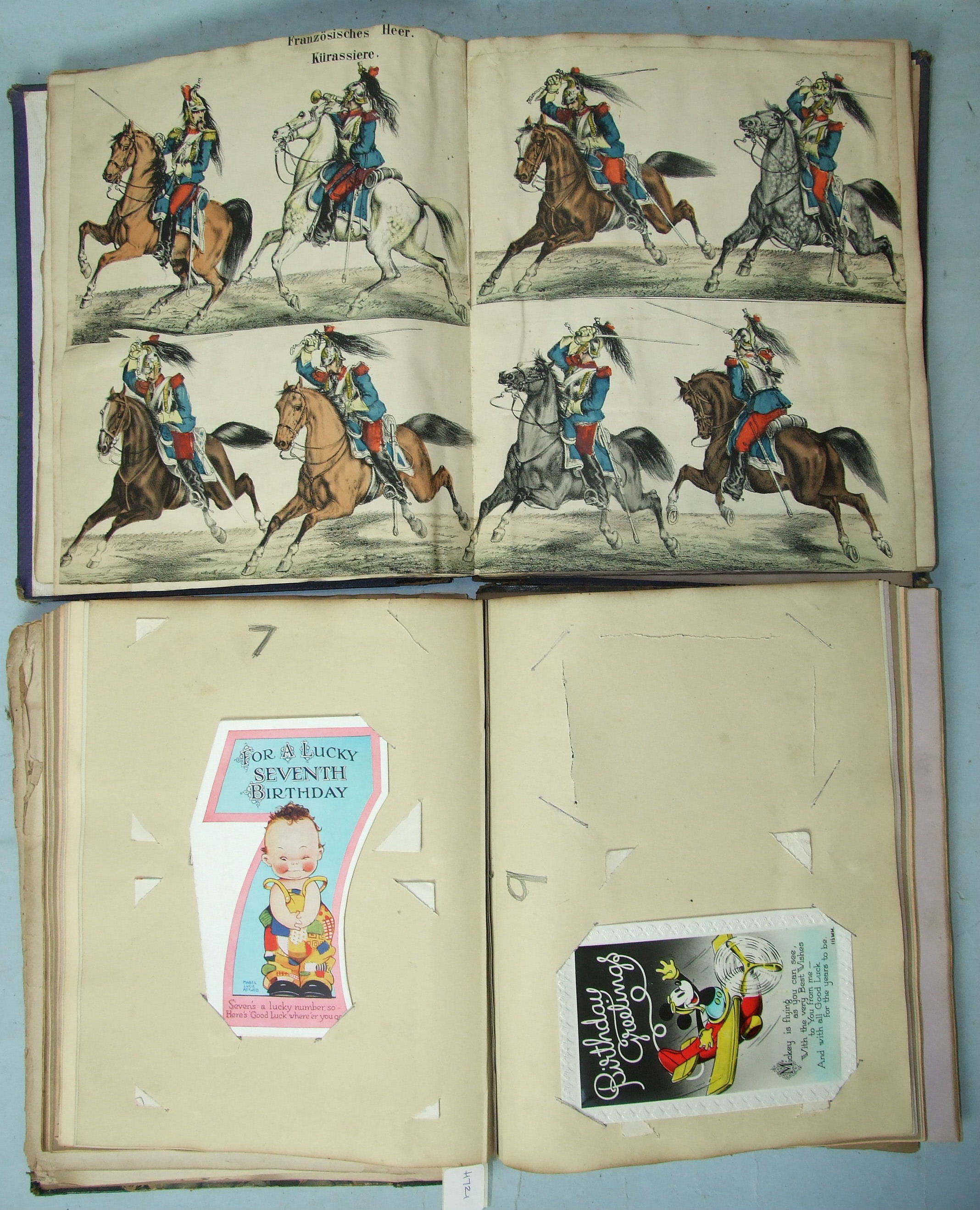 Two Victorian scrap albums containing hand coloured lithographs of European artillery and cavalry,