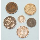 Two Victorian 1887 Double-Florins (Arabic), an 1893 Crown, a 1797 Cartwheel Penny and two other