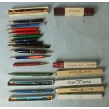 Two double-ended propelling crayons (red/blue), three Eversharp four-square propelling pencils and