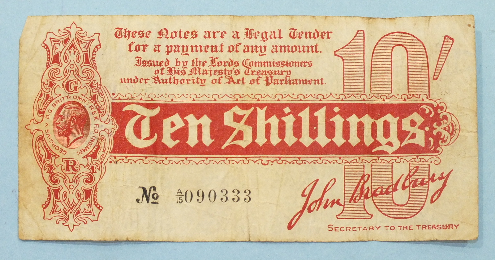 A George V 10-shilling note, first (emergency) Bradbury issue, (August 1914), No. (with dash) A over