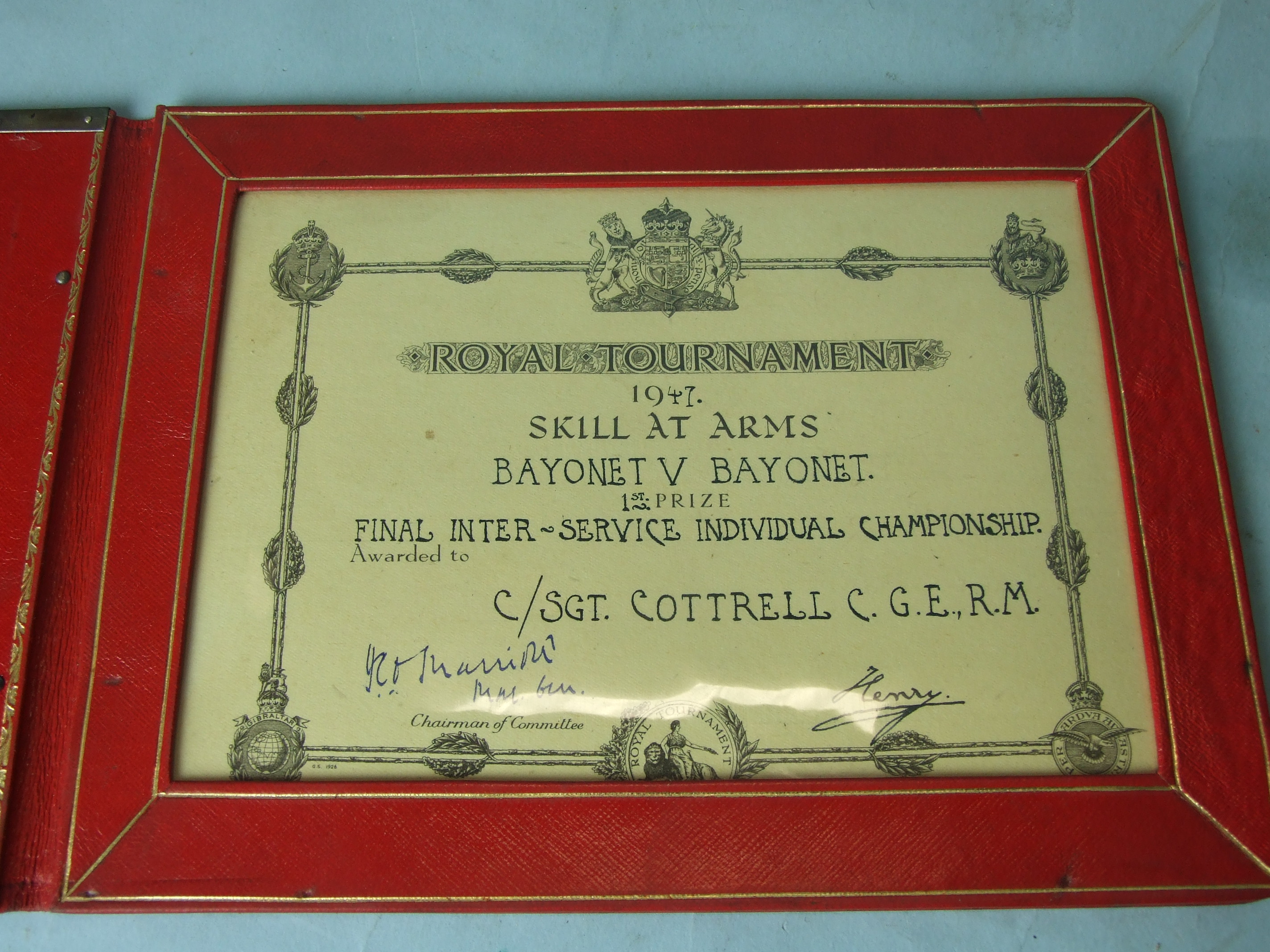 A Royal Tournament 1947 trophy awarded to C/Sgt C G E Cotterell RM in the form of a silver rifle and - Image 2 of 2