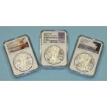 Three 2016 1oz fine silver American Eagle One-Dollar coins, all MS70, one with Elizabeth Jones