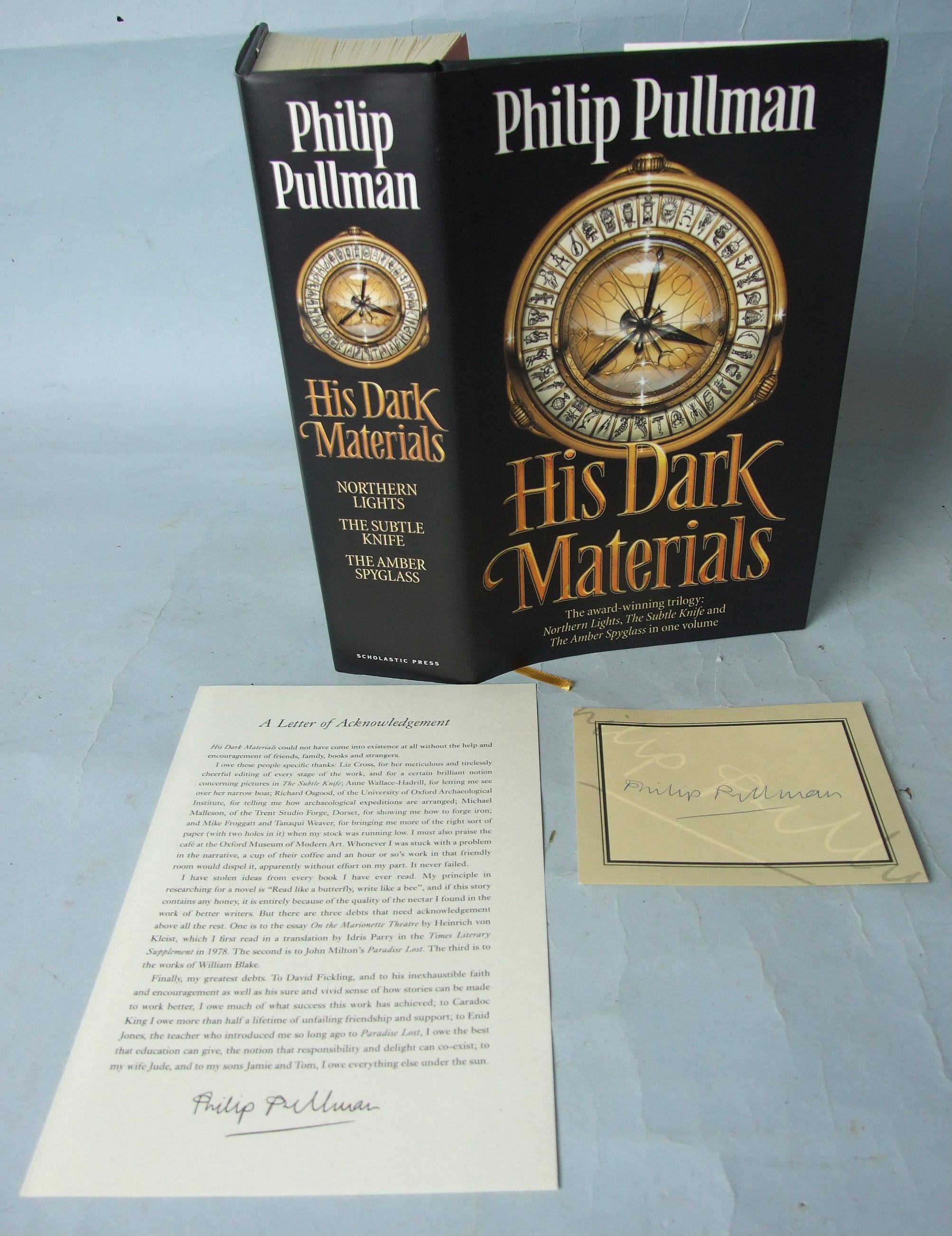 Pullman (Philip), His Dark Materials, with unattached signed book plate and letter of