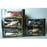 Burago, five boxed 1/18 scale diecast vehicles: Alfa Romeo 8C2300 Monza, Mercedes Benz SSK, (2)