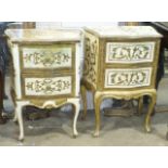 A pair of white and gilt decorated Continental bedside cupboards, 55cm wide, 75cm high, (2).