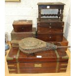 A mahogany brass-bound writing box, 50cm wide and a collection of six other boxes, (all in need of