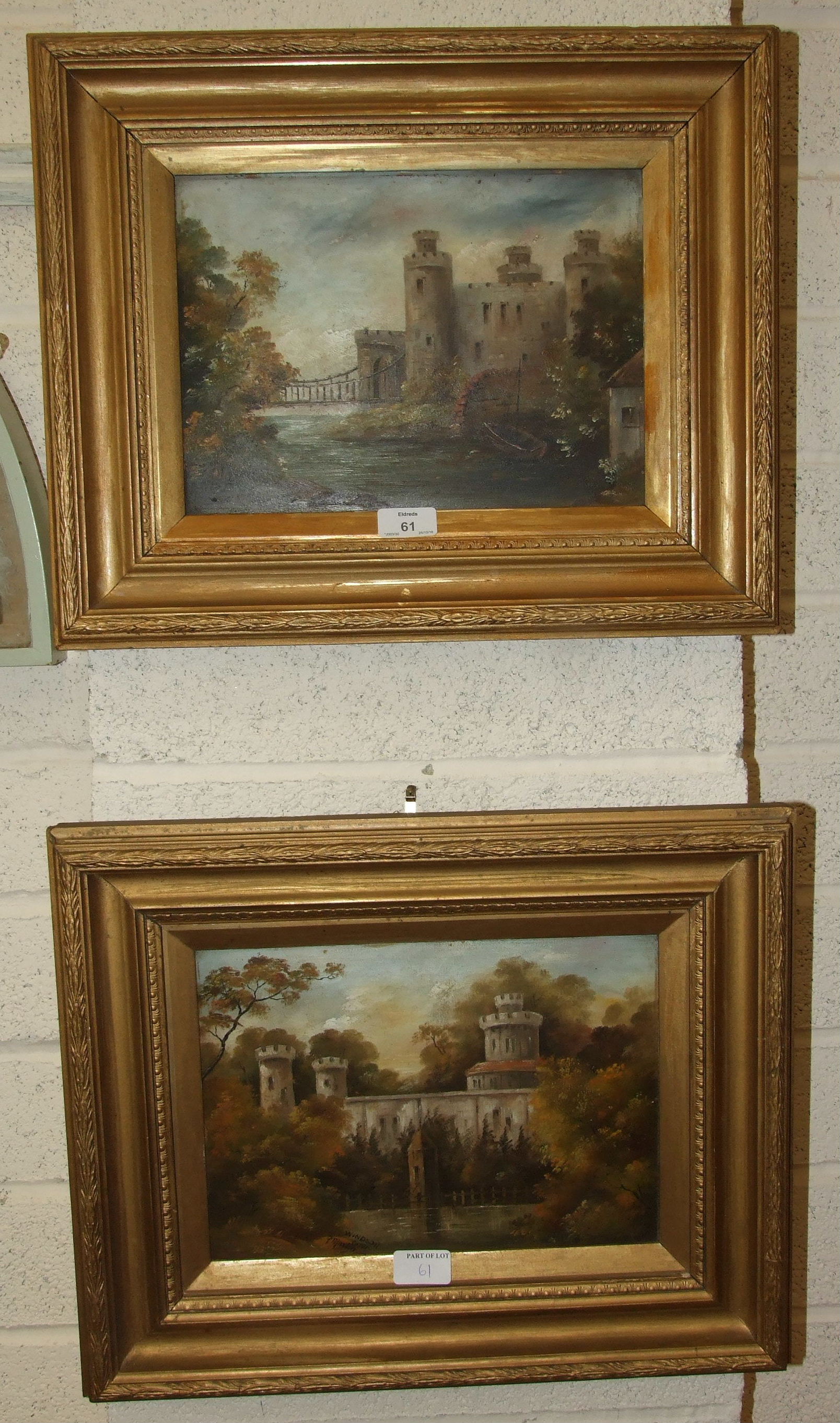 Fred Martin, 'Conway Castle', signed oil on board, 22 x 29.5cm, a companion 'Windsor Castle' and a - Image 2 of 2