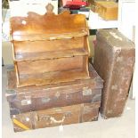 Two leather suitcases, one with travel labels, (both need restoration) and a mahogany spice rack, (
