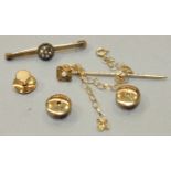 Three gold shirt studs, various costume jewellery and miscellaneous items.