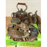 A collection of brass, pewter and copper ware, including kettles, brass shoes, door knocker,