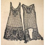 A 1920's black-beaded flapper dress in two pieces, front and back, black beads on black net, with