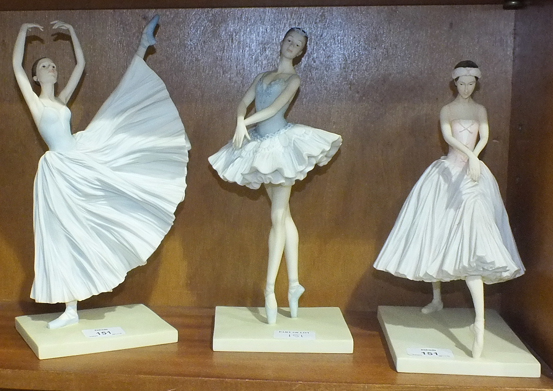 Three modern Ballare pastel resin ballerina figures, 30cm high, by Enesco Ltd, (3).