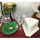 A collection of wine glasses, a green-glazed ceramic jardinière, a SylvaC jug impressed '1962',