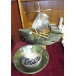 A studio pottery model of a single-masted fishing boat and four bowls, (5).