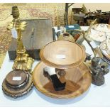 An oak cutlery box with double-hinged lid, 40 x 27cm, a gilt wood table lamp, other wooden items,