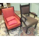 A late-19th century stained wood armchair with upholstered back and sides, on tapering carved